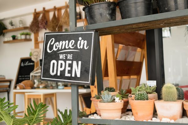 Closeup of retail store display unit with sign