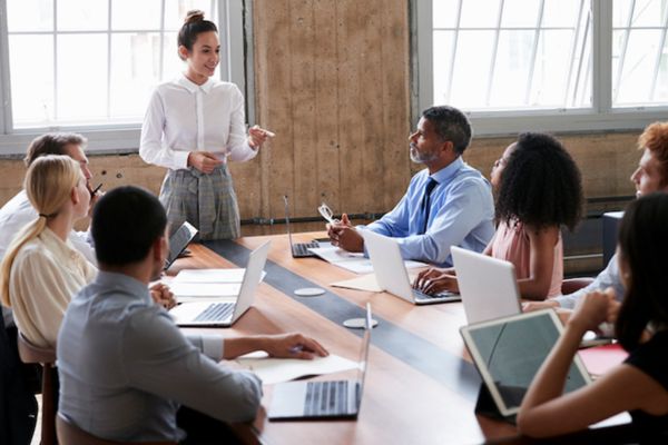 Person standing a full boardroom table, instructing..